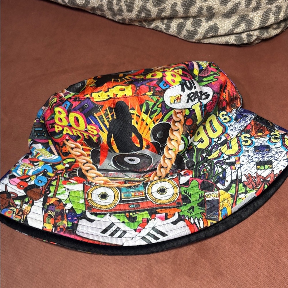 80s 90s graphic multicolored nostalgic graffiti hip hop party bucket hat - Picture 5 of 6
